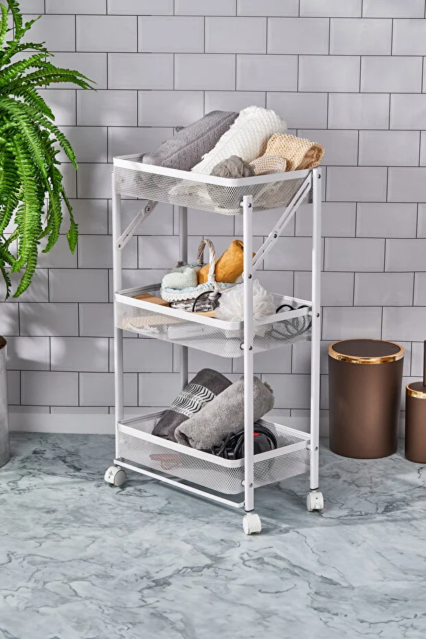 Cornella 3 Katlı Katlanır Beyaz Renk Metal Çok Amaçlı Organizer Tekerlekli Düzenleyici Dikdörtgen Sepet